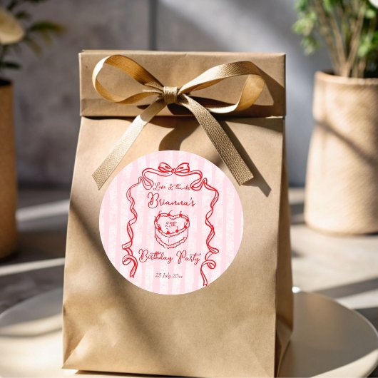 Cherry cake roze coquette boog verjaardagsfeestje ronde sticker