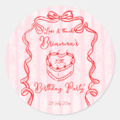 Cherry cake roze coquette boog verjaardagsfeestje ronde sticker (Voorkant)