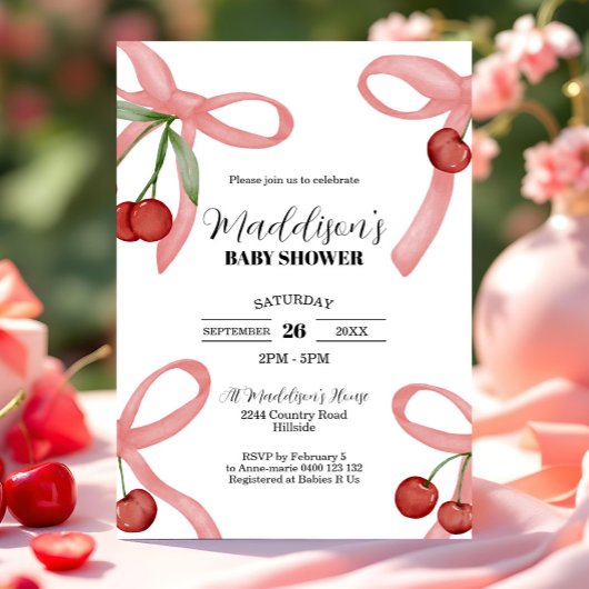 Cherry Coquette Bows Baby shower Uitnodiging