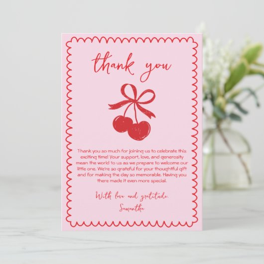 Cherry Coquette Hand getrokken Baby Girl Douche Bedankkaart (Staand voorkant)