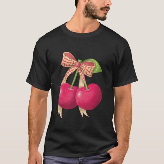 Cherry Coquette Pink Bow Ribbon Schattigee Kersen T-shirt (Voorkant)