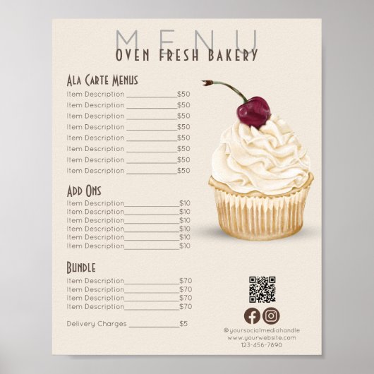 Cherry Cupcake Beige Menu Bakkerij Prijslijst Poster (Voorkant)