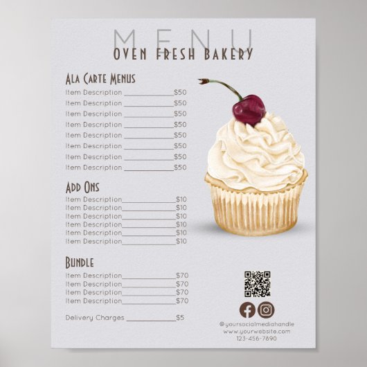 Cherry Cupcake Grey Menu Bakkerij Prijslijst Poster (Voorkant)