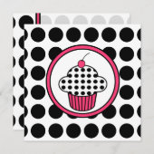 Cherry Cupcake Invitation Polka Dot/Roze & Zwart Kaart (Voorkant / Achterkant)