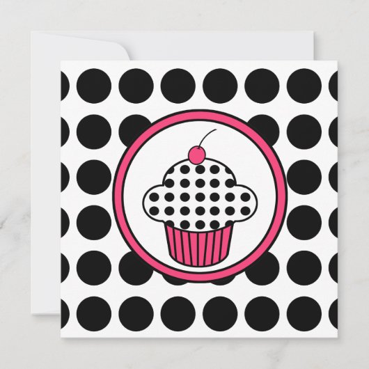 Cherry Cupcake Invitation Polka Dot/Roze & Zwart Kaart (Voorkant)