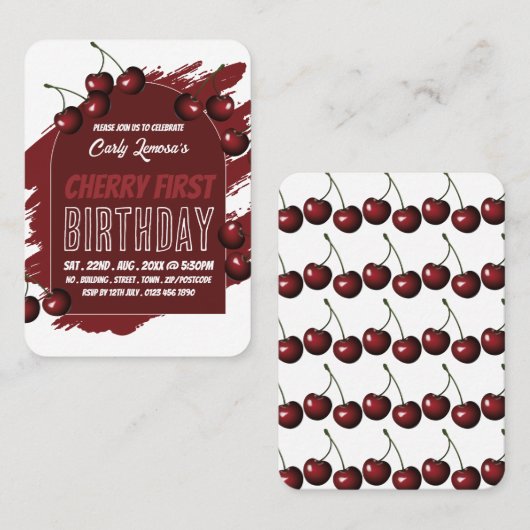 Cherry Design Berry Eerste Verjaardag Handout Tick Visitekaartje (Voorkant / Achterkant)