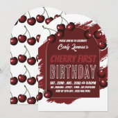 Cherry Design, Cherry First Birthday Invitation Kaart (Voorkant / Achterkant)