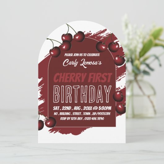 Cherry Design, Cherry First Birthday Invitation Kaart (Staand voorkant)