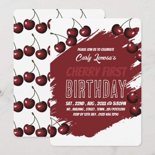 Cherry Design, Cherry First Birthday Invitation Kaart (Voorkant / Achterkant)