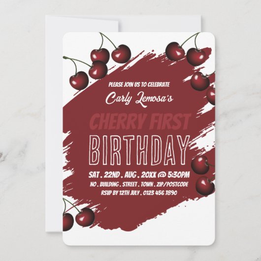 Cherry Design, Cherry First Birthday Invitation Kaart (Voorkant)