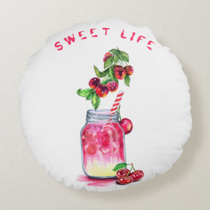 Cherry Drink Ronde Kussen - Aangepaste tekst