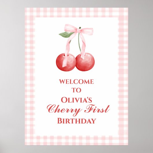 Cherry Eerste Aardbei Roze Bow 1e verjaardag Poster (Voorkant)