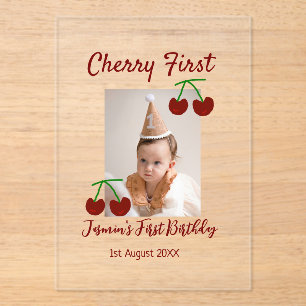 Cherry eerste gelukkige verjaardagsfoto kinder mod acryl uitnodigingen