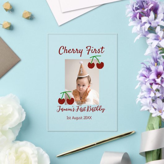Cherry eerste gelukkige verjaardagsfoto kinder mod acryl uitnodigingen (Insitu (Huwelijk))