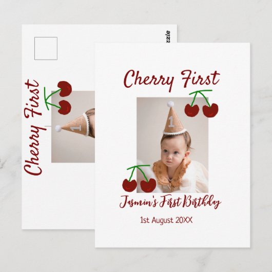 Cherry eerste gelukkige verjaardagsfoto kinder mod briefkaart (Voorkant / Achterkant)