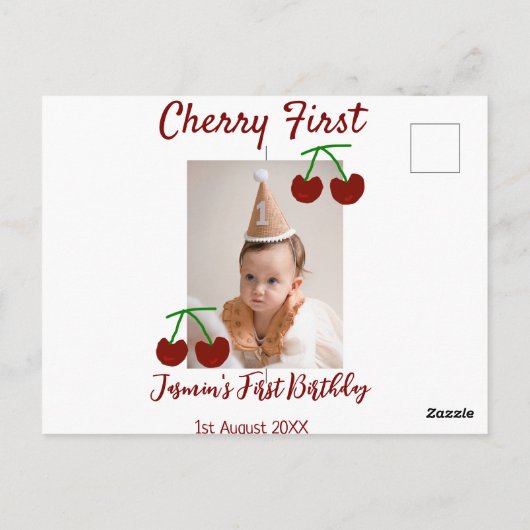 Cherry eerste gelukkige verjaardagsfoto kinder mod briefkaart (Achterkant)
