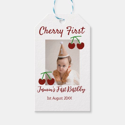 Cherry eerste gelukkige verjaardagsfoto kinder mod cadeaulabel (Voorkant)