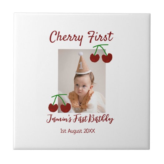 Cherry eerste gelukkige verjaardagsfoto kinder mod tegeltje (Voorkant)