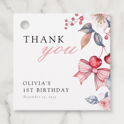 Cherry Eerste Roze Bow Coquette 1e Verjaardag Bedankjes Labels (Voorkant)
