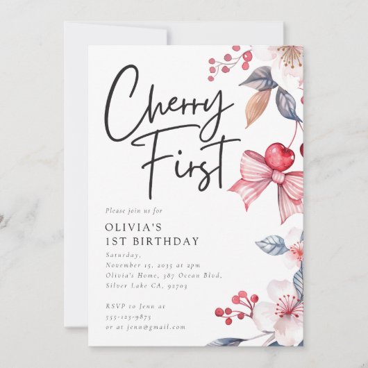 Cherry Eerste Roze Bow Coquette 1e Verjaardag Kaart (Voorkant)