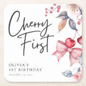 Cherry Eerste Roze Bow Coquette 1e Verjaardag Kartonnen Onderzetters (Voorkant)