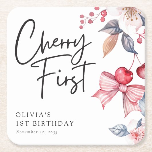 Cherry Eerste Roze Bow Coquette 1e Verjaardag Kartonnen Onderzetters (Voorkant)