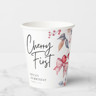 Cherry Eerste Roze Bow Coquette 1e Verjaardag Papieren Bekers