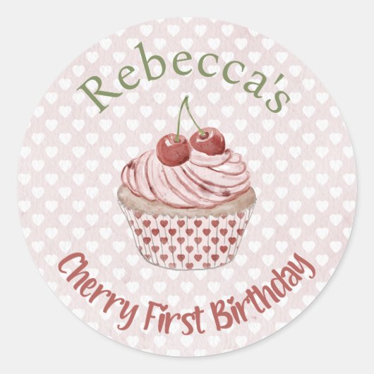 Cherry Eerste Verjaardag Coquette Waterverf Cupcak Ronde Sticker (Voorkant)