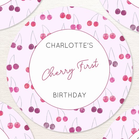 Cherry eerste verjaardag gepersonaliseerde Waterve Ronde Sticker