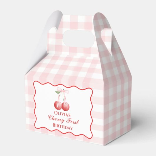 Cherry eerste verjaardag Pink Bow Gingham Bedankdoosjes (Voorkant Zijde)