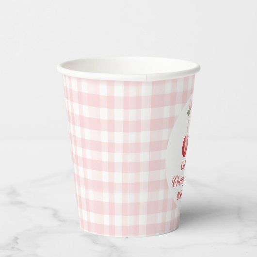 Cherry eerste verjaardag Pink Bow Gingham Papieren Bekers (Rechts)