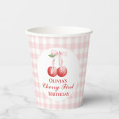 Cherry eerste verjaardag Pink Bow Gingham Papieren Bekers (Voorkant)