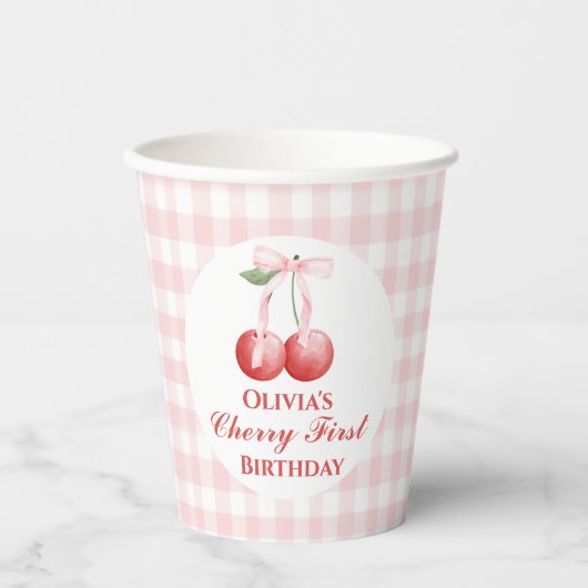 Cherry eerste verjaardag Pink Bow Gingham Papieren Bekers (Voorkant)