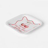 Cherry eerste verjaardag Pink Bow Gingham Papieren Bordje (Gebogen)