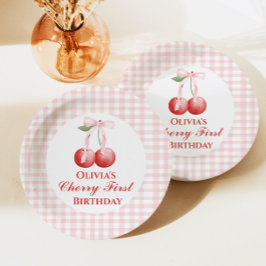 Cherry eerste verjaardag Pink Bow Gingham Papieren Bordje