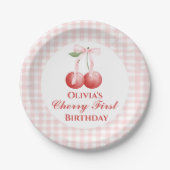 Cherry eerste verjaardag Pink Bow Gingham Papieren Bordje (Voorkant)