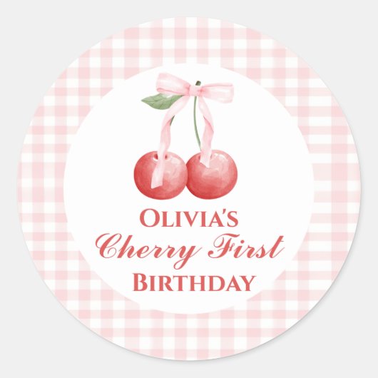 Cherry eerste verjaardag Pink Bow Gingham Ronde Sticker (Voorkant)