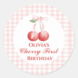 Cherry eerste verjaardag Pink Bow Gingham Ronde Sticker