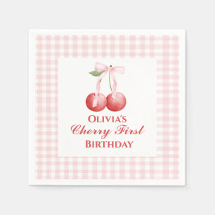 Cherry eerste verjaardag Pink Bow Gingham Servet