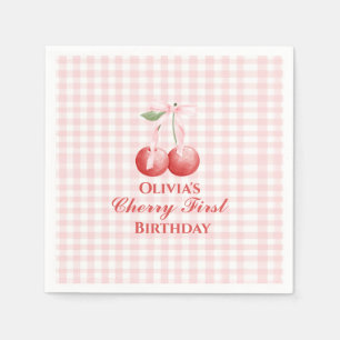 Cherry eerste verjaardag Pink Bow Gingham Servet