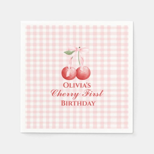 Cherry eerste verjaardag Pink Bow Gingham Servet (Voorkant)