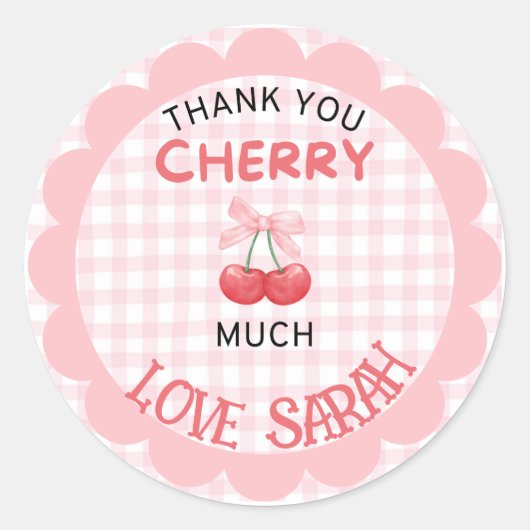 Cherry eerste verjaardag Pink Bow Gingham Sticker (Voorkant)