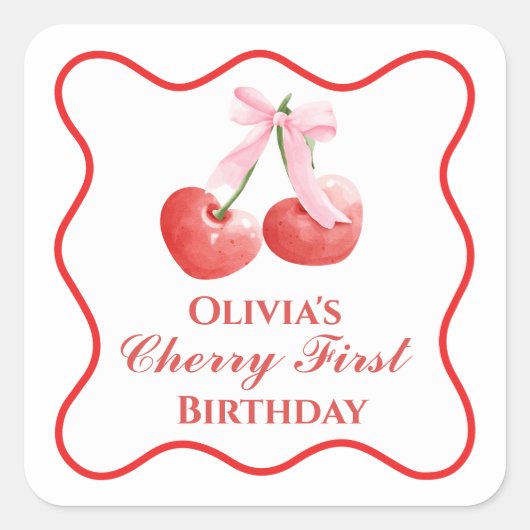 Cherry eerste verjaardag Pink Bow Gingham Vierkante Sticker (Voorkant)
