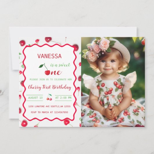 Cherry Eerste Verjaardag uitnodiging (Voorkant)