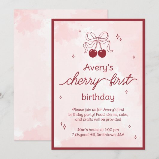 Cherry eerste verjaardagsfeestje uitnodiging (Voorkant / Achterkant)