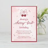 Cherry eerste verjaardagsfeestje uitnodiging (Staand voorkant)