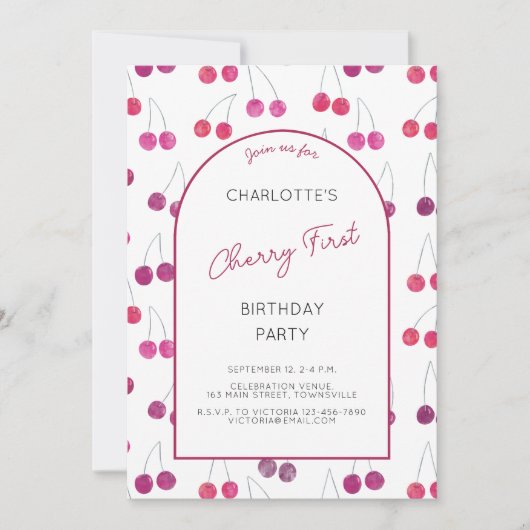 Cherry eerste verjaardagsfeestje uitnodiging (Voorkant)