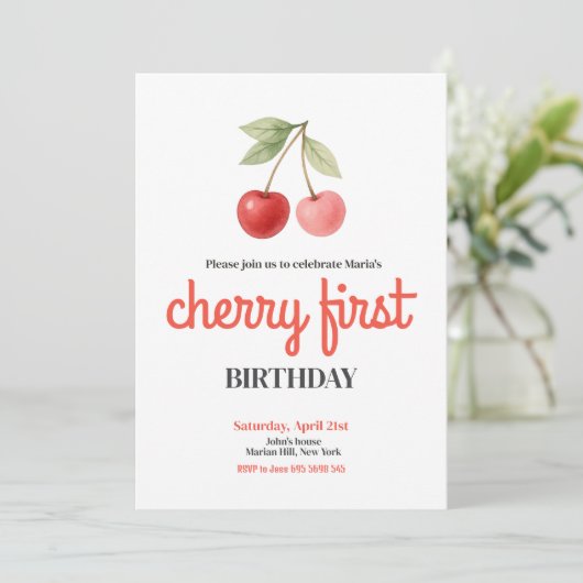 Cherry eerste verjaardagsfeestje voor meisjes kaart (Staand voorkant)