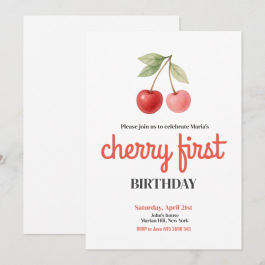 Cherry eerste verjaardagsfeestje voor meisjes kaart (Voorkant / Achterkant)