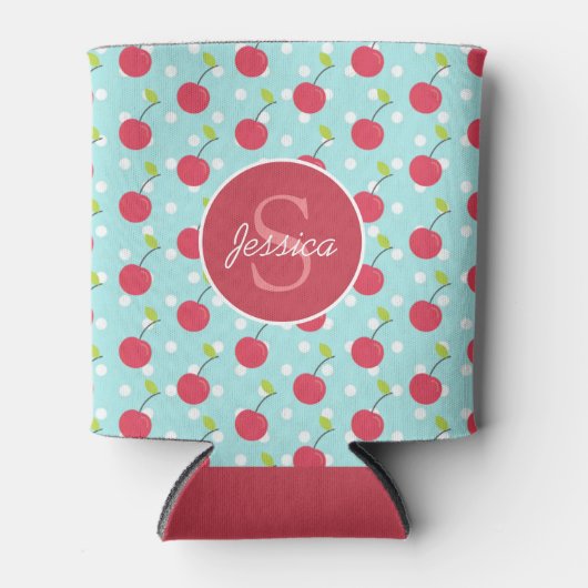 Cherry en Blue Polka Dot Pattern gepersonaliseerd Blikjeskoeler (Voorkant)